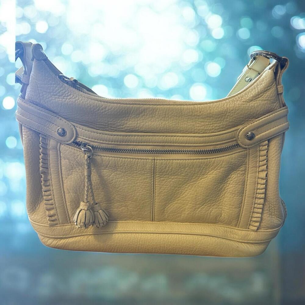 BRIGHTON DOMINIQUE Ruffles Tasseled Beige Leather Zip Top MG Shoulder Bag
